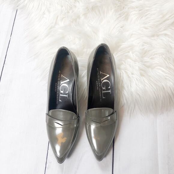 🆕 AGL Women's Gray Pointed‎ Toe Heeled Patent Leather Slip On Pumps Pewter - Picture 1 of 5